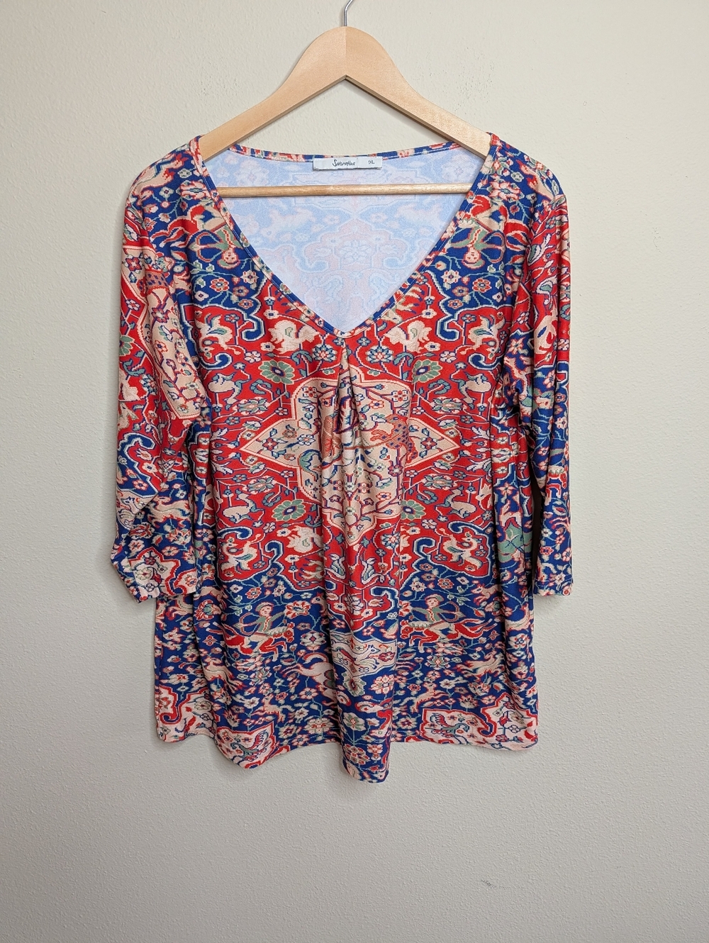 Sakurafina 1XL Persian Carpet Print V-Neck Top 3/4 Sleeve